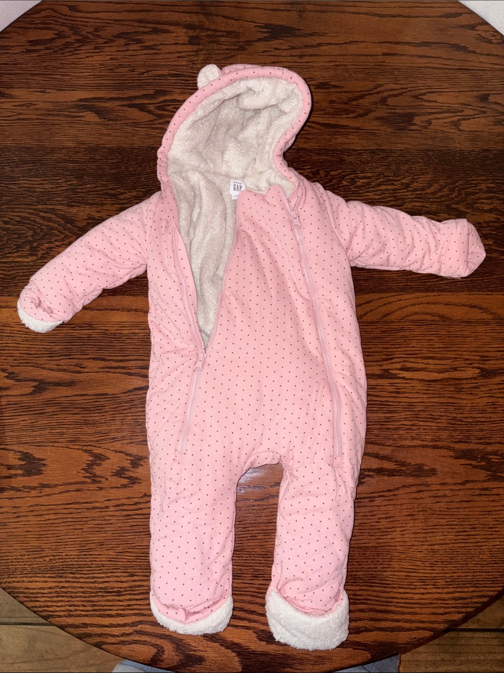 GAP Pink Hooded Baby Snowsuit One-Piece with Tiny Polka Dots - Picture 2 of 4